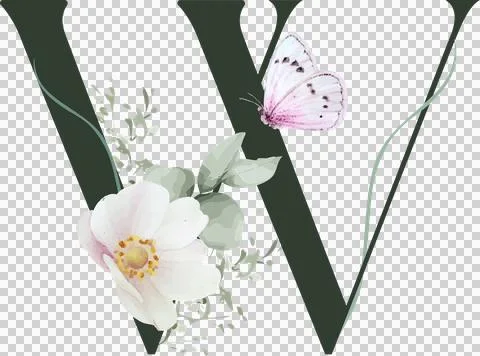 Vector monogram V is featuring pink bloom, hovering pink butterfly, transparent Stock Illustration