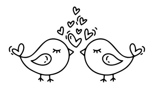Vector monoline two birds with hearts. Valentines Day Hand Drawn icon. Holiday Stock Illustration