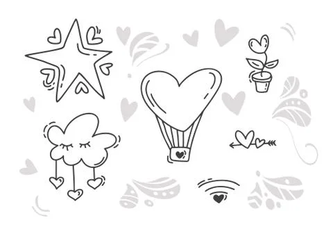 Vector monoline Valentines Day Hand Drawn elements. Happy Valentine Day. Holiday Stock Illustration