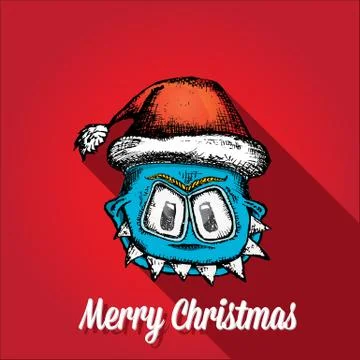 Vector monster face character in santa red hat Stock Illustration