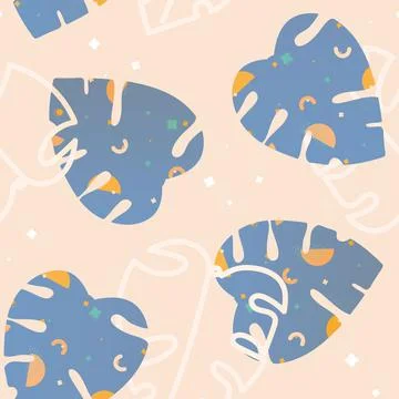 Vector Monstera Leaves with Magical Abstract Texture seamless pattern background Stock Illustration