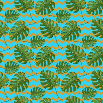 Vector monstera plant seamless pattern on a blue Stock Illustration