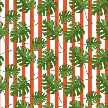 Vector monstera plant seamless pattern on a striped orange background. Illustrazione stock