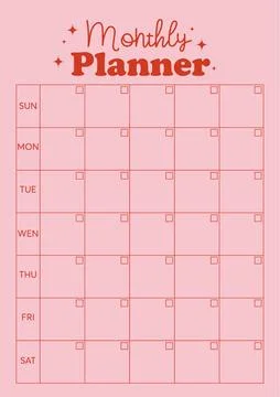 Vector monthly planner template, goals, notes, notebook page, pink background Illustrazione stock