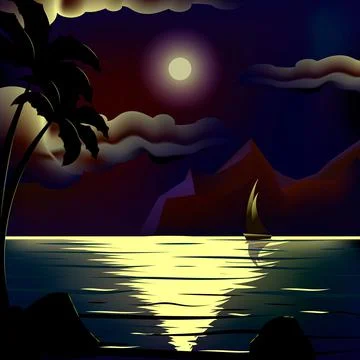 Vector moon over cold night sea Stock Illustration