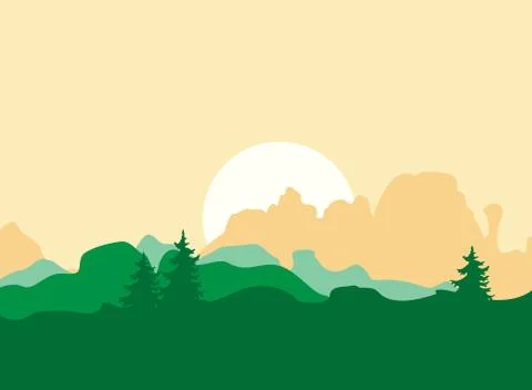 Vector Morning Background with Mountains, and Trees Stock Illustration