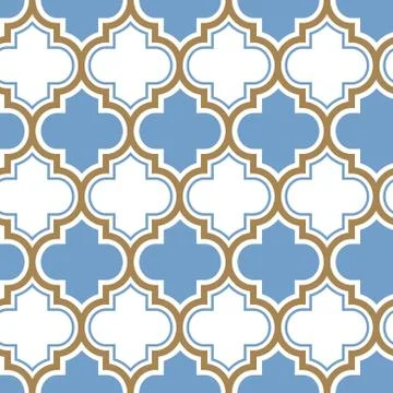 Vector moroccan repeat seamless pattern. Light blue, gold beige line on white Stock Illustration