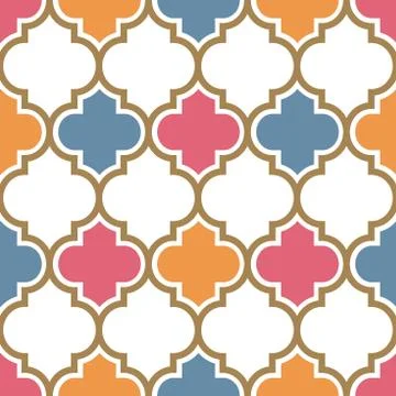 Vector moroccan repeat seamless pattern. Pink, yellow and blue with gold beige Stock Illustration