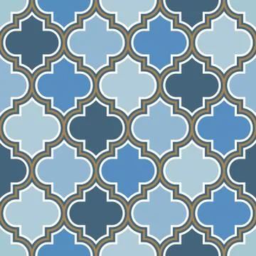 Vector moroccan repeat seamless pattern. Light blue, gold beige line on white Stock Illustration