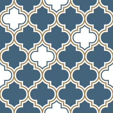 Vector moroccan repeat seamless pattern. Light blue, gold beige line on white Illustrazione stock