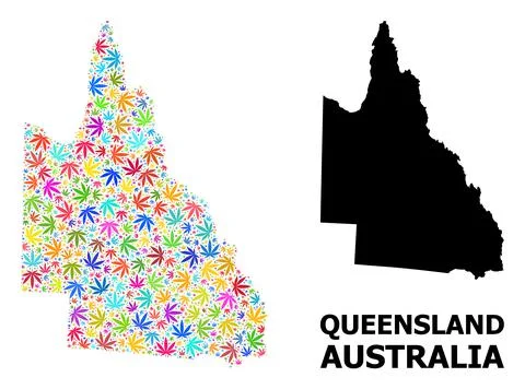 Vector Mosaic Map of Australian Queensland of Bright Hemp Leaves and Solid Map Stock Illustration