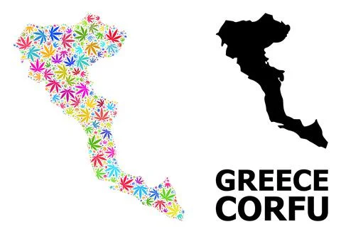 Vector Mosaic Map of Corfu Island of Bright Hemp Leaves and Solid Map Stock Illustration