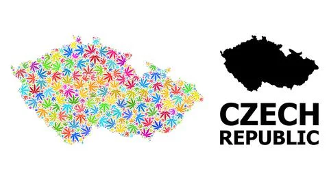 Vector Mosaic Map of Czech Republic of Psychedelic Hemp Leaves and Solid Map Stock Illustration