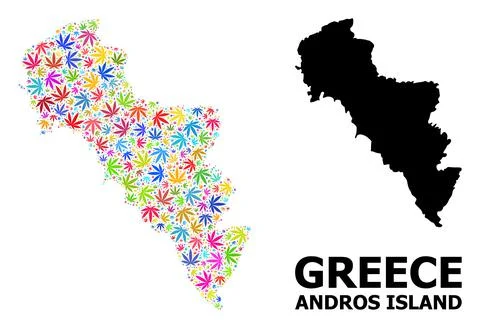Vector Mosaic Map of Greece - Andros Island of Bright Cannabis Leaves and Solid Stock Illustration