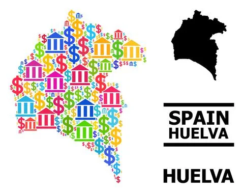 Vector Mosaic Map of Huelva Province of Finance and Money Icons Illustrazione stock