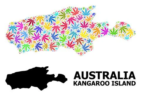 Vector Mosaic Map of Kangaroo Island of Bright Marijuana Leaves and Solid Map Stock Illustration