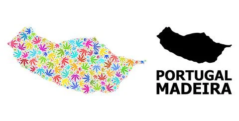 Vector Mosaic Map of Madeira Island of Colorful Marijuana Leaves and Solid Map Stock Illustration