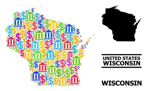 Vector Mosaic Map of Wisconsin State of Bank and Business Icons Stockillustratie