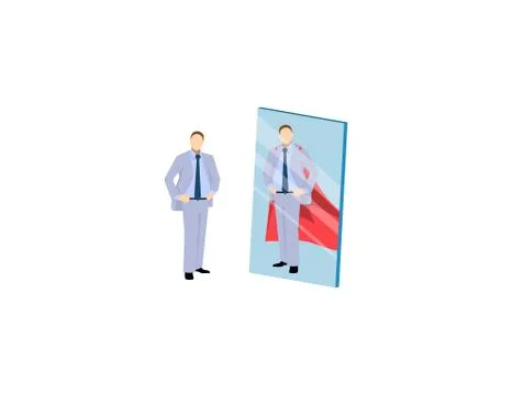 Vector of a motivated business man facing himself as a super hero in the mirr Stock Illustration
