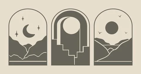 Vector mountain and architecture emblem set. Modern minimal linear badges with Stock Illustration