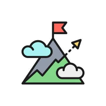 Vector mountain with arrow, mount, hill, target, goal flat color line icon. Stock Illustration