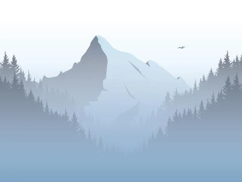 Vector mountain landscape illustration with high mountains peak in morning haze Stock Illustration