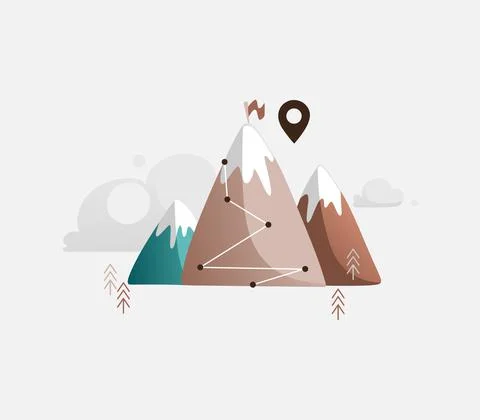 Vector mountain landscape with mountains and clouds. The route of conquering  Stock Illustration