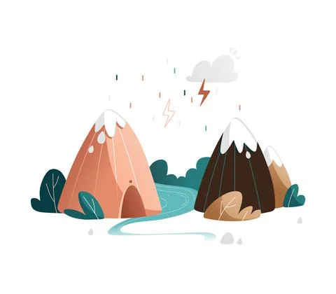 Vector mountain landscape with river, bushes, mountains, rain and thunderclou Stock Illustration