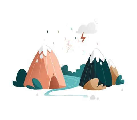 Vector mountain landscape with river, bushes, mountains, rain and thunderclou Stock Illustration