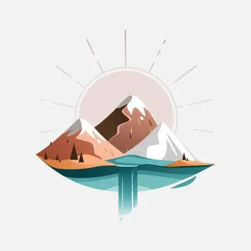Vector mountain landscape with several mountains and a clear turquoise lake w Stock Illustration