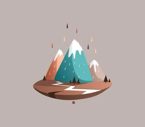 Vector mountain landscape with three colorful mountains on a piece of land wi Stock Illustration