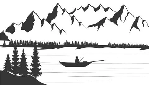 Vector mountain silhouette, coniferous forest and boat on mountain lake or river Stock Illustration