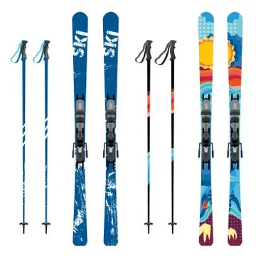 Vector mountain ski and sticks detailed on white background. Mountain skis and Stock Illustration