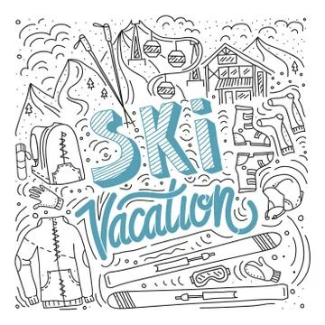 Vector mountain ski and sticks detailed on white background. Mountain skis and Stock Illustration