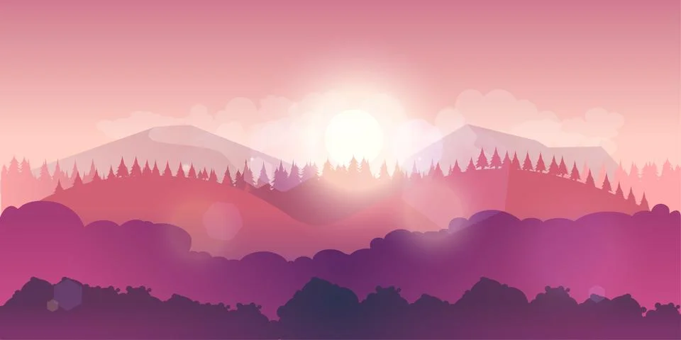 Vector mountains and forest landscape early on the sunset Stock Illustration