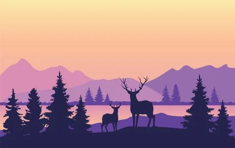 Vector Mountains Background with Deer Stock Illustration