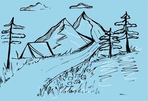 Vector mountains. Black lines on a blue background. Ilustración de archivo