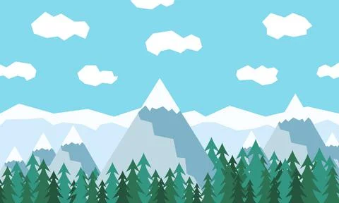 Vector mountains, forest landscape and sky with clouds. Beautiful geometric f Illustrazione stock