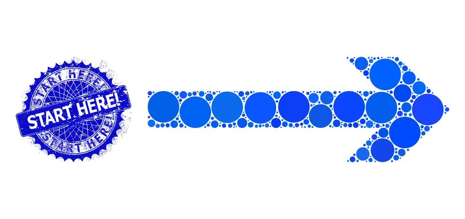 Vector Move Right Collage of Dots with Grunge Start Here! Stamp Seal Stock Illustration