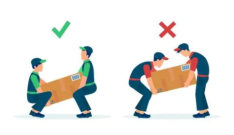 Vector of movers workers load heavy boxes safety with correct body ergonomi.. Stock Illustration