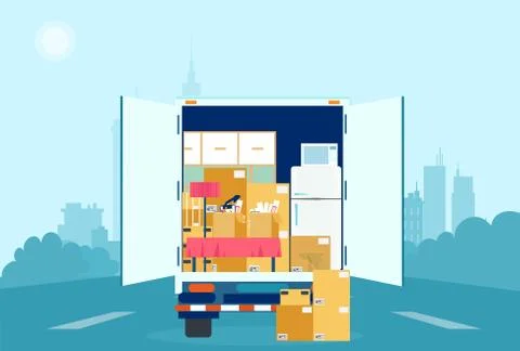 Vector of a moving truck with cardboard boxes and furniture inside. 스톡 일러스트