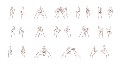 Vector mudras hands color isolated line fingers Stock Illustration