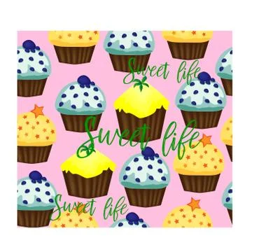 Vector muffin or cake with cream and cherry. Colored flat illustration isolat Illustrazione stock