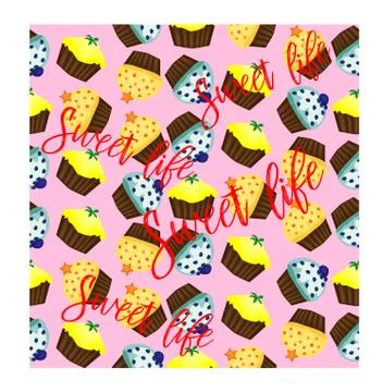 Vector muffin or cake with cream and cherry. Colored flat illustration isolat Stock Illustration