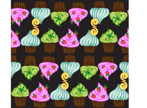 Vector muffin or cake with cream and cherry. Colored flat illustration isolat Stock Illustration