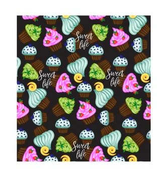 Vector muffin or cake with cream and cherry. Colored flat illustration isolat Stock Illustration
