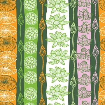 Vector multi colour vertical rows of lotus flower, leaf and seed pods strip.. Stock Illustration