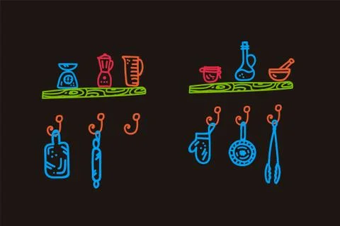 Vector multicolor set of kitchen Doodle icons. Cartoon set of cooking in a cafe Stock Illustration