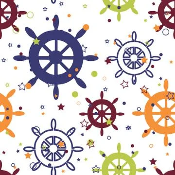 Vector multicolor wheels repeat seamless pattern with stars and circles on wh Stock Illustration