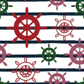 Vector multicolor wheels repeat seamless pattern on white and blue striped Stock Illustration